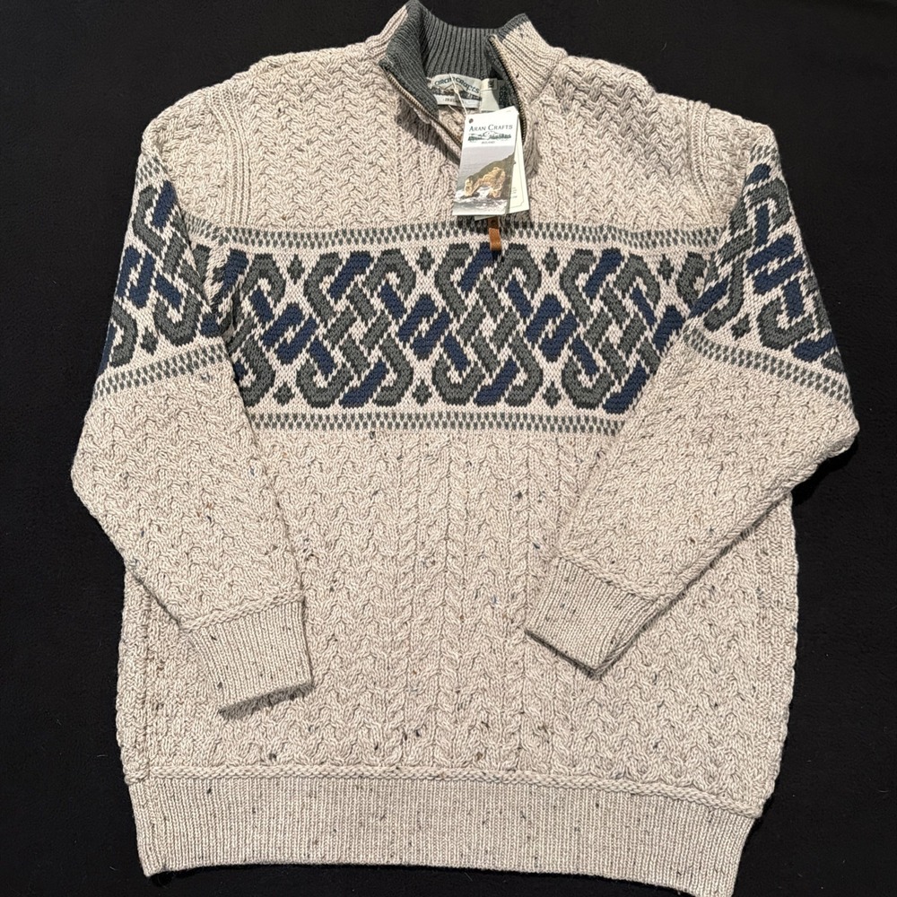 ARAN CRAFTS IRELAND Celtic Knot Half Zip Oatmeal Merino Wool Jacquard Men's Sm